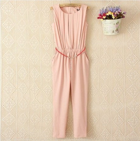 OL Plus Size Women Clothing Slim Pleated Sleeveless Chiffon Fashion Casual Jumpsuit