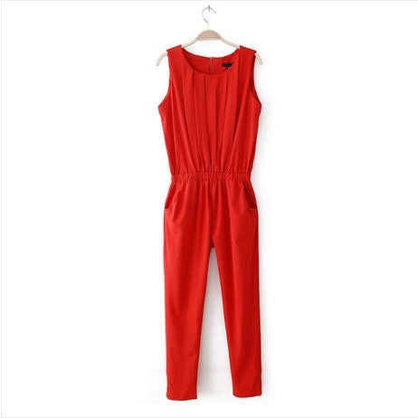 OL Plus Size Women Clothing Slim Pleated Sleeveless Chiffon Fashion Casual Jumpsuit