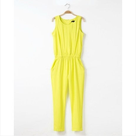 OL Plus Size Women Clothing Slim Pleated Sleeveless Chiffon Fashion Casual Jumpsuit
