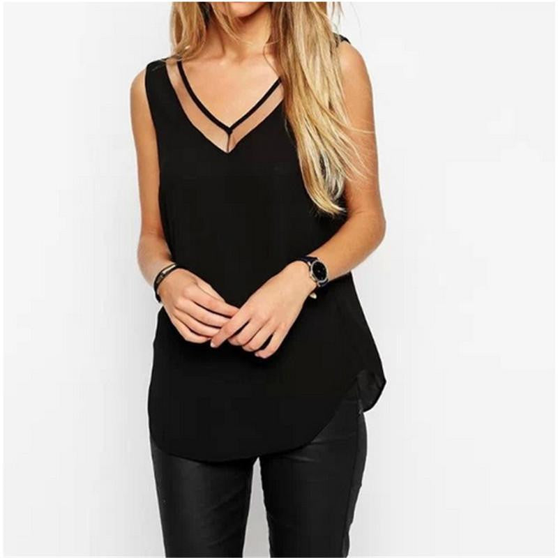 Women Chiffon Mesh Patchwork V-Neck Tops Casual Loose Sleeveless Shirts Blouse