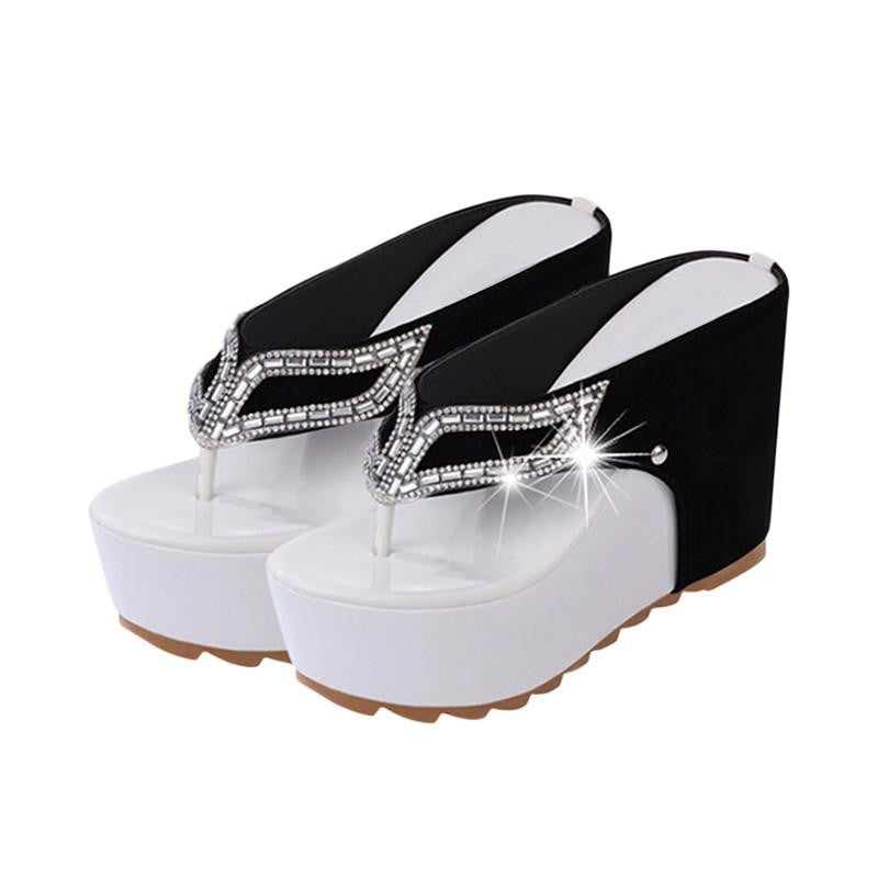 Thick Bottom Platform Flip Flops Rhinestone Wedge Heel Shoes Patchwork Woman Sandals XWZ1953