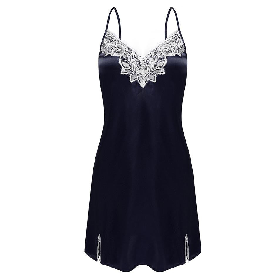 Women Nightgown Spaghetti strap Satin Lace Splicing Nightwear V-Neck Sleepwear Ladies Night Dress