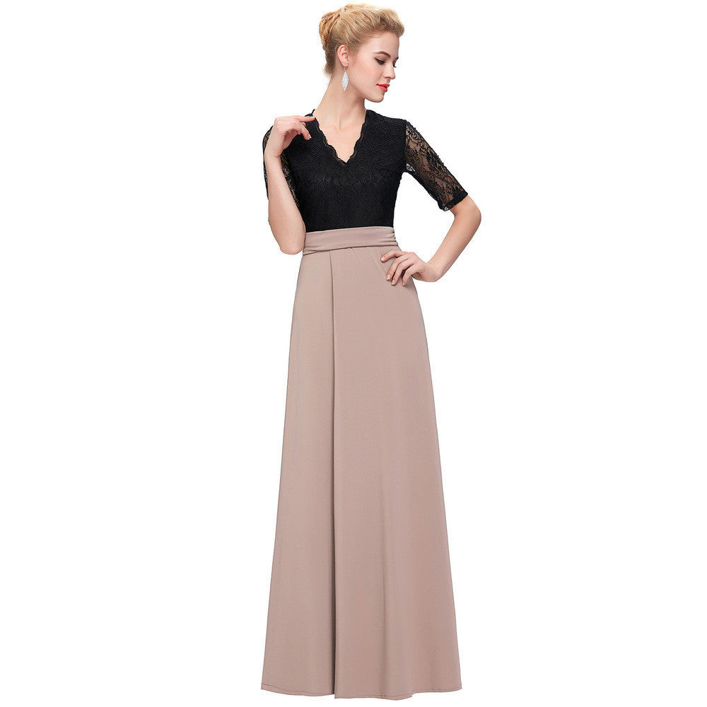 Online discount shop Australia - Floor Length Maxi Dress Sexy V-Neck Black Lace Women Long Dresses Half Sleeve Splicing High Split Party Dresses