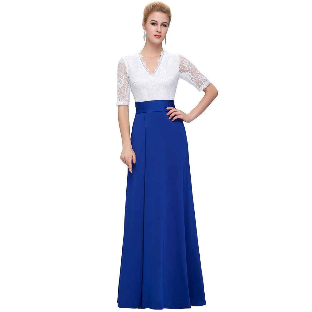 Online discount shop Australia - Floor Length Maxi Dress Sexy V-Neck Black Lace Women Long Dresses Half Sleeve Splicing High Split Party Dresses