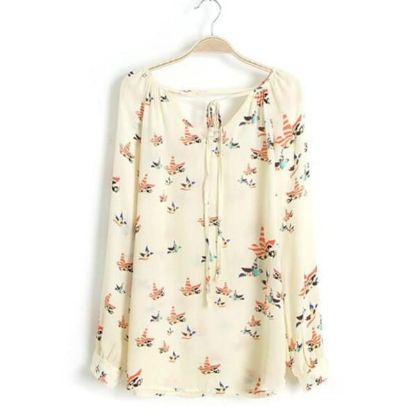 Women Fashion Chiffon Blouse Short Long Sleeve Dove Print Casual Loose