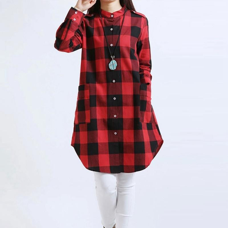 Women Fashion Plaid Shirts Blouse Long Casual Loose Vintage Dress Tops Plus Size M-XXL 2 Colors