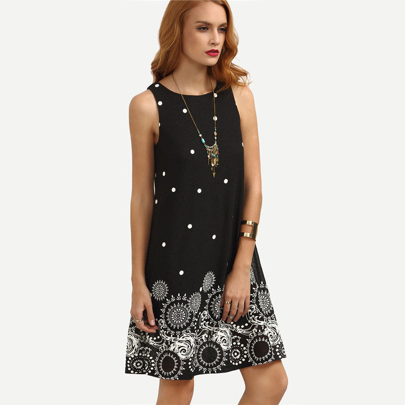 Online discount shop Australia - Ladies Vintage Summer Black Polka Dot Print Straight Dresses Cute Women Crew Neck Sleeveless Mini Dress