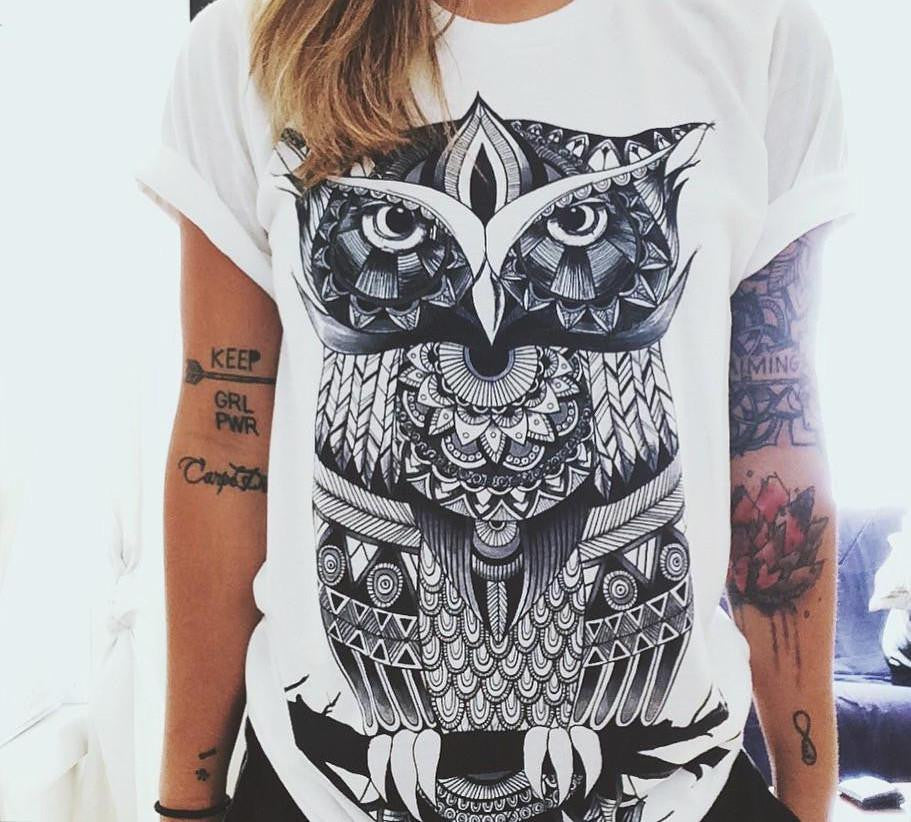 Women Short Sleeve Printed Retro Owl And Palm Eye T Shirts Plus Size 2XL Tee Shirt