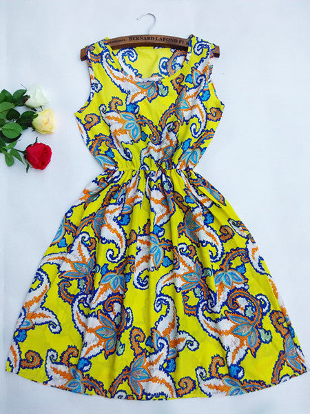 Brand Summer Women Casual Print Sleeveless Dress Chiffon stripe / floral print Elastic Waist Beach Dress