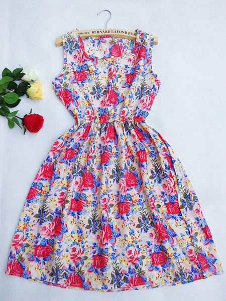Brand Summer Women Casual Print Sleeveless Dress Chiffon stripe / floral print Elastic Waist Beach Dress