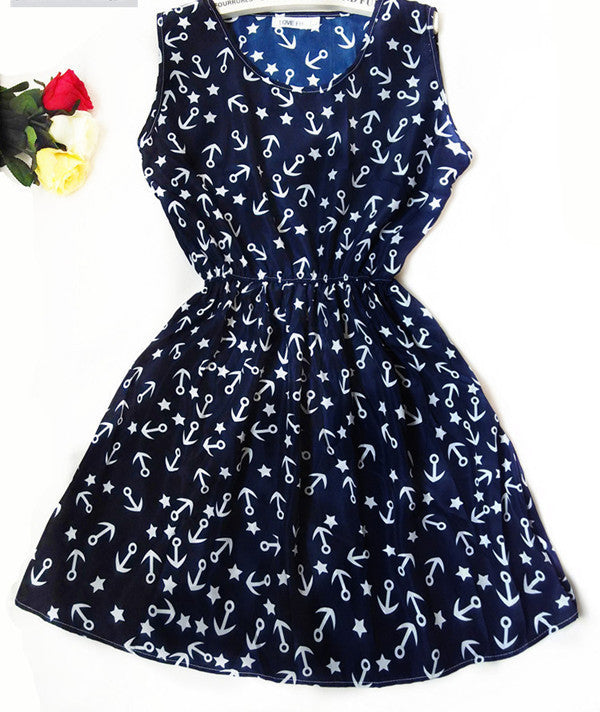 Brand Summer Women Casual Print Sleeveless Dress Chiffon stripe / floral print Elastic Waist Beach Dress