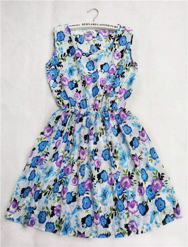 Brand Summer Women Casual Print Sleeveless Dress Chiffon stripe / floral print Elastic Waist Beach Dress