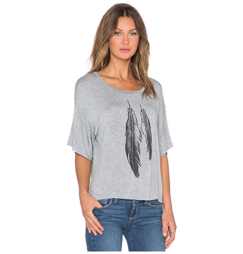 Online discount shop Australia - European street Style gray plumage print Lady Tops off shoulder loose Fashion wild female short-sleeved Women S2079