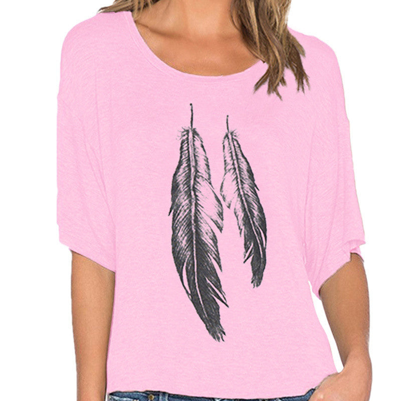 Online discount shop Australia - European street Style gray plumage print Lady Tops off shoulder loose Fashion wild female short-sleeved Women S2079