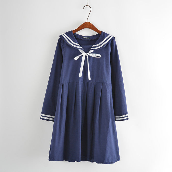 Online discount shop Australia - autumn summer new women's dress female cotton-line Japanese Naval College style sweet striped pure girls dress 2 colors