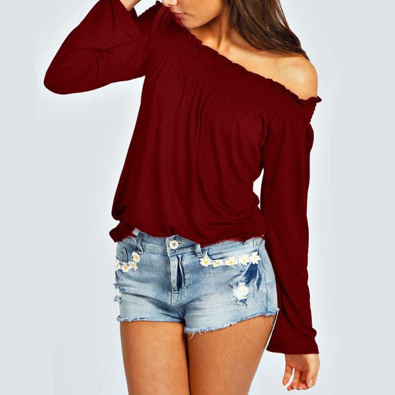 Women Ladies Solid Shirred Off Shoulder Tops Casual Long Sleeve Blouse Shirt Plus Size