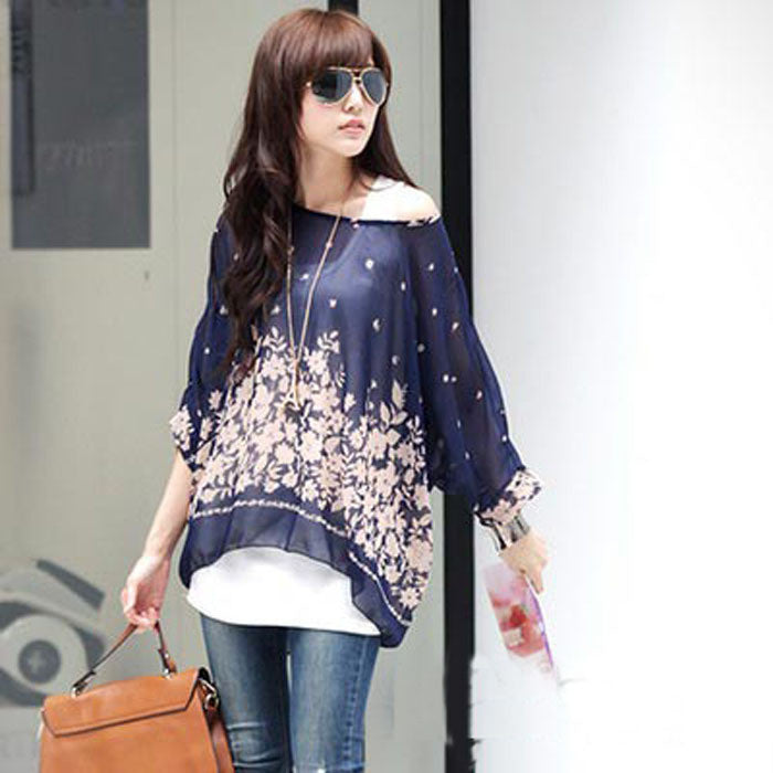 None Women Long Tops Promotion Plus Size Vintage Batwing Sleeve Chiffon Shirt Bohemian Stripe Oversized Blouse