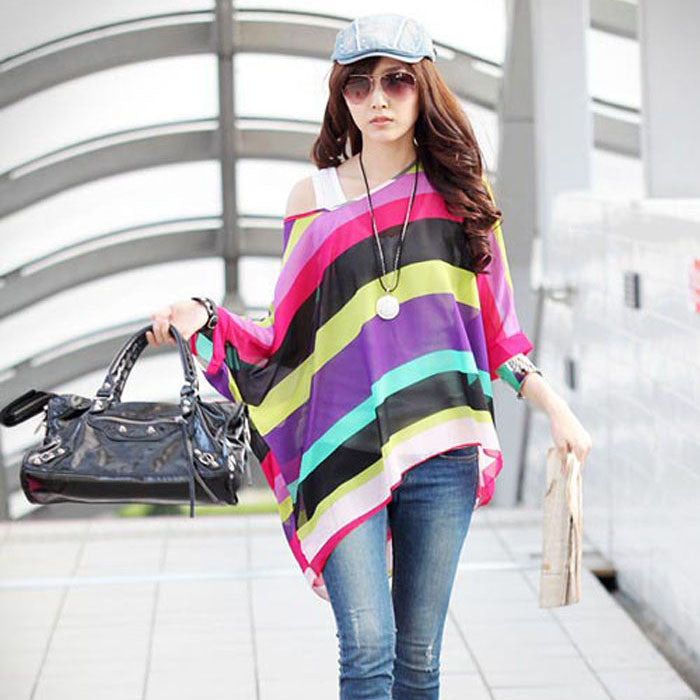 None Women Long Tops Promotion Plus Size Vintage Batwing Sleeve Chiffon Shirt Bohemian Stripe Oversized Blouse
