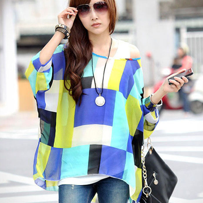 None Women Long Tops Promotion Plus Size Vintage Batwing Sleeve Chiffon Shirt Bohemian Stripe Oversized Blouse