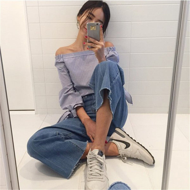 Plus Size Women Blouses Slash Neck Off Shoulder Bow Long Sleeve Casual Tops Shirts Blue White Striped Party