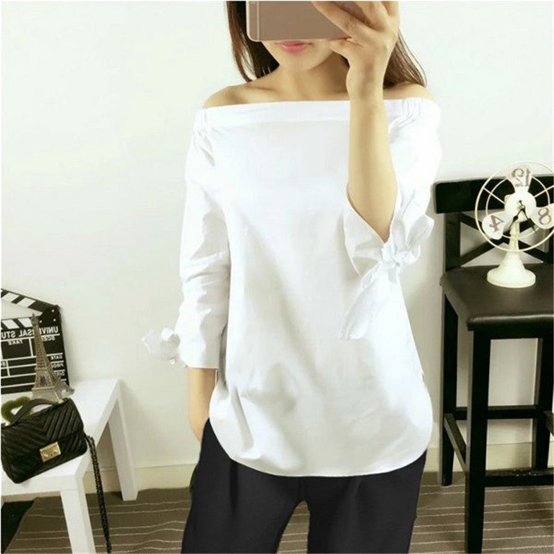 Plus Size Women Blouses Slash Neck Off Shoulder Bow Long Sleeve Casual Tops Shirts Blue White Striped Party