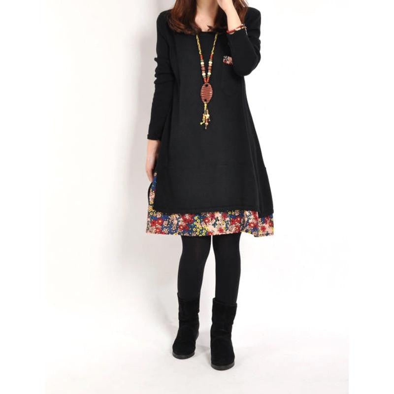 Women Floral Pieced Loose Casual Pullover Warm Skirt Dress Clothing LY7