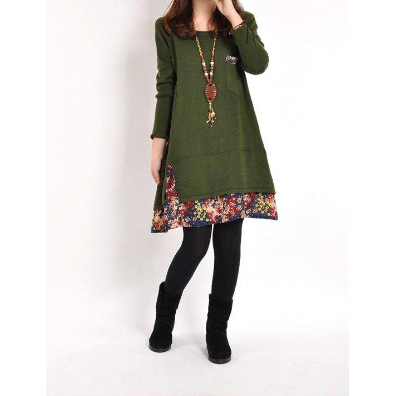 Women Floral Pieced Loose Casual Pullover Warm Skirt Dress Clothing LY7