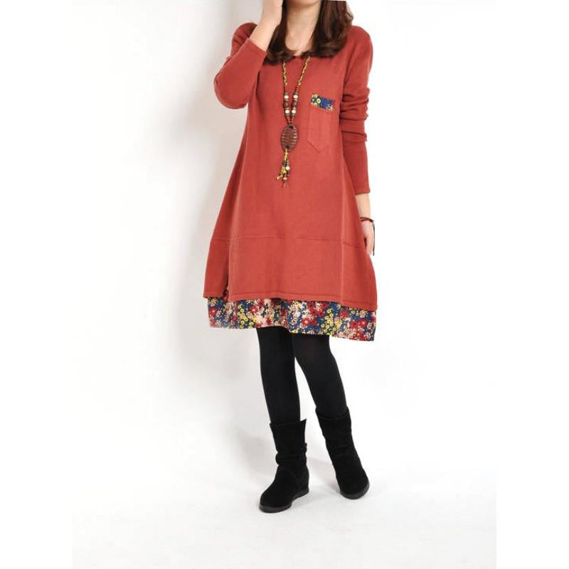 Women Floral Pieced Loose Casual Pullover Warm Skirt Dress Clothing LY7