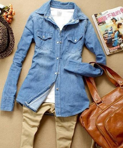 women denim blouse slim jeans shirt lady's elegant blouse fashion denim blouse