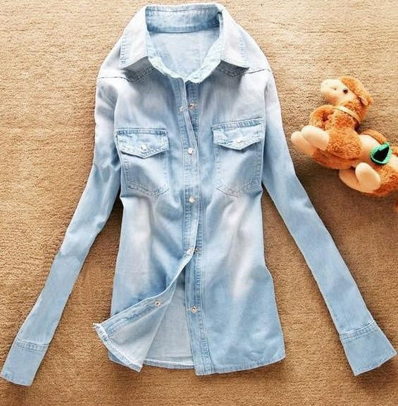 women denim blouse slim jeans shirt lady's elegant blouse fashion denim blouse