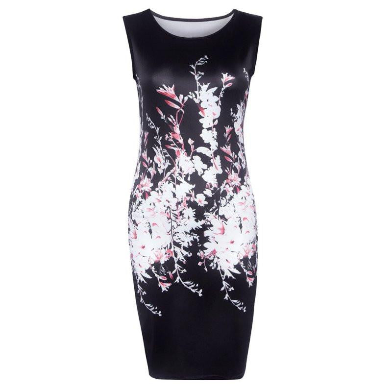 Women Vintage Dresses Ladies Elegant Summer Black Sleeveless Mini Length Floral Print Sheath Dress