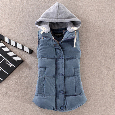 Online discount shop Australia - Fashion All-match Cotton Vest Women Patchwork Sleeveless Hooded Collar Casual Coat Colete  Waistcoat