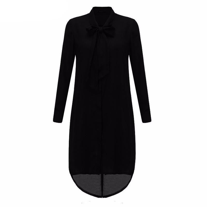 Women Shirt Dress Bow Long Sleeve Casual Amsymetircal Chiffon Blouse Tops Plus Size S-5XL