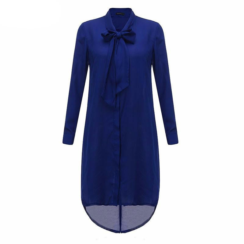 Women Shirt Dress Bow Long Sleeve Casual Amsymetircal Chiffon Blouse Tops Plus Size S-5XL