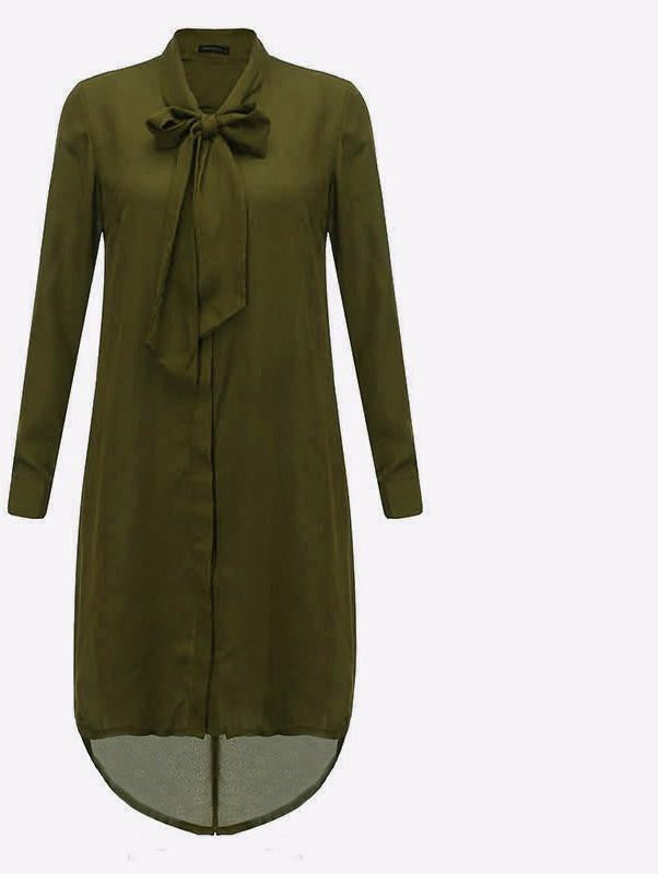 Women Shirt Dress Bow Long Sleeve Casual Amsymetircal Chiffon Blouse Tops Plus Size S-5XL