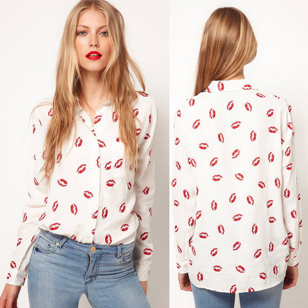 Online discount shop Australia - Fashion Women Button Down OL Lady Shirt Blouse Collared Chiffon Long Sleeve Kiss PrintedTops