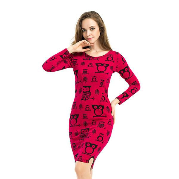 Womens Spring Dress Pattern Bodycon Party Dresses O-neck Long Sleeve Vintage Dress