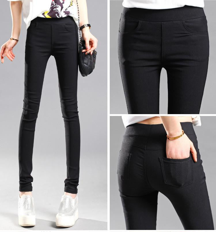 Women Pencil Pants Casual Elastic Waist Skinny Trousers Plus Size Black White Stretch Pants