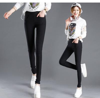 Women Pencil Pants Casual Elastic Waist Skinny Trousers Plus Size Black White Stretch Pants