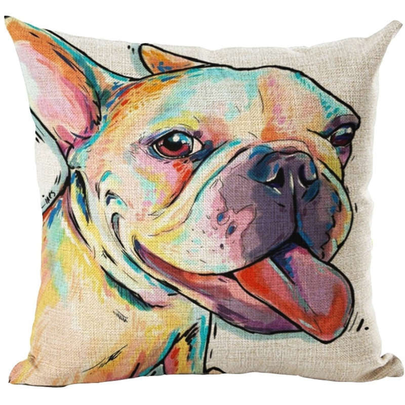 Pug Pop Dog Cushion Cover Decorative Throw Pillows Colorul French BullDog Watercolor Pattern Cotton Linen Cushion Bull Terrier