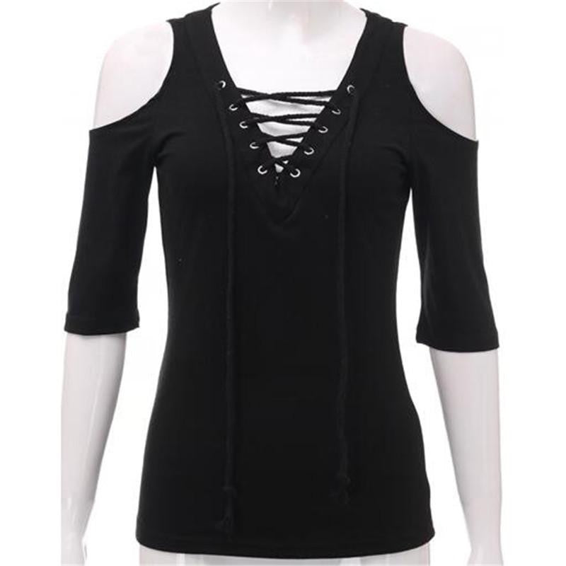 Women Casual Lace Up V neck Blouse Off Shoulder Half Sleeve Slim Tops Plus Size White Gray Shirts