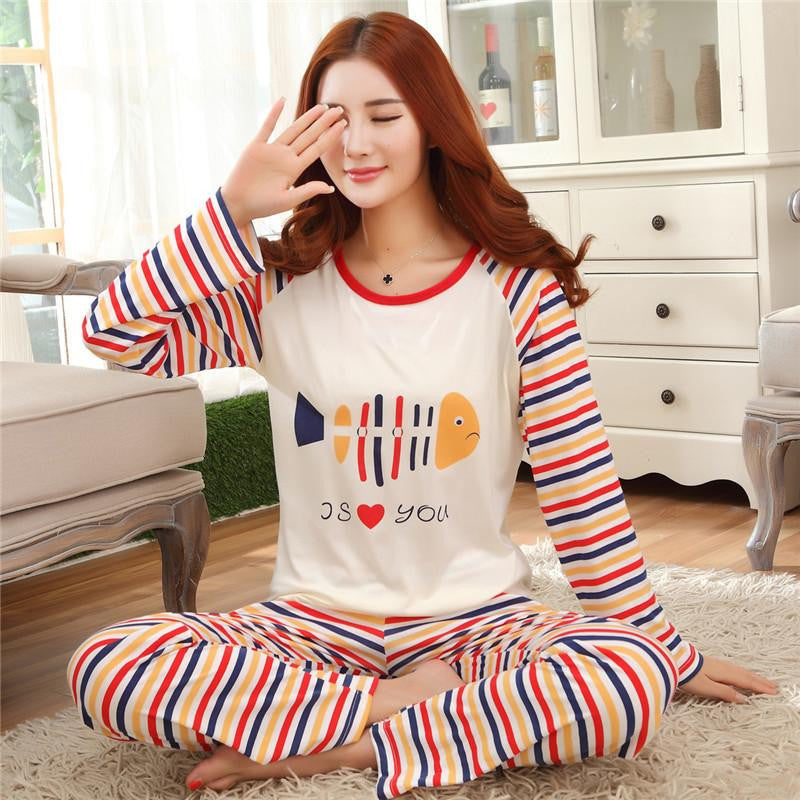 Women Pajama Sets Cartoon nightgown for women female girl O-Neck Long Sleeve Sleepwear