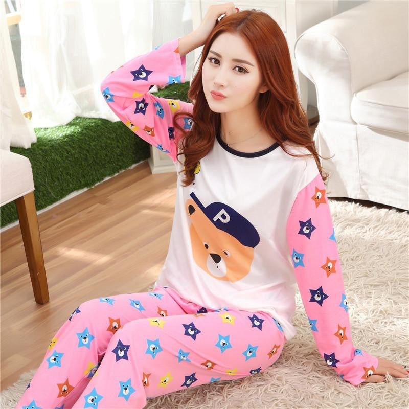 Women Pajama Sets Cartoon nightgown for women female girl O-Neck Long Sleeve Sleepwear