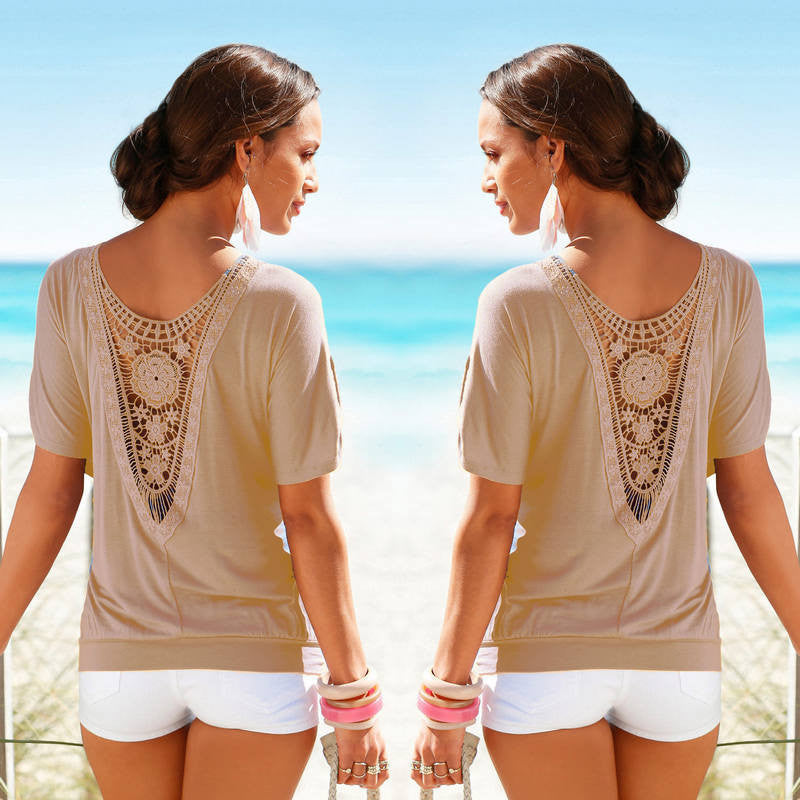 T shirts Women Lace Short Sleeve Casual Tops Fashion Hollow Womens Tops Shirt Plus Size