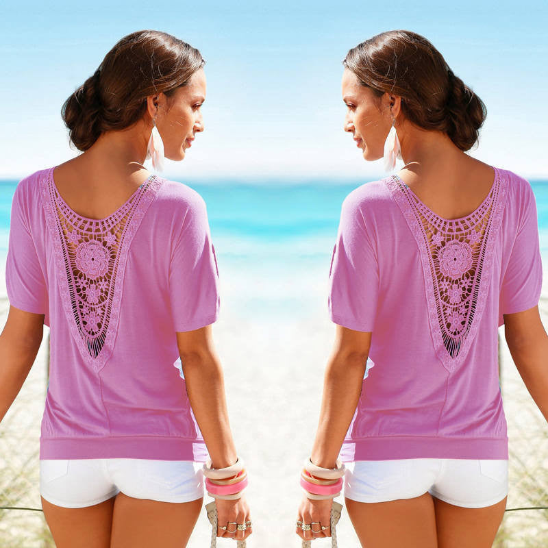 T shirts Women Lace Short Sleeve Casual Tops Fashion Hollow Womens Tops Shirt Plus Size