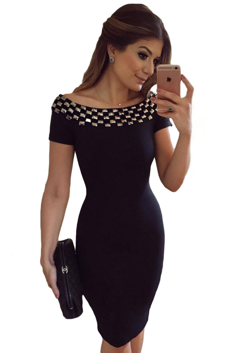 Online discount shop Australia - 2016 New Women Bodycon Dress Summer Short Sleeve Studded Neck Ladies Office Off Shoulder Pencil Midi Dresses LC61188
