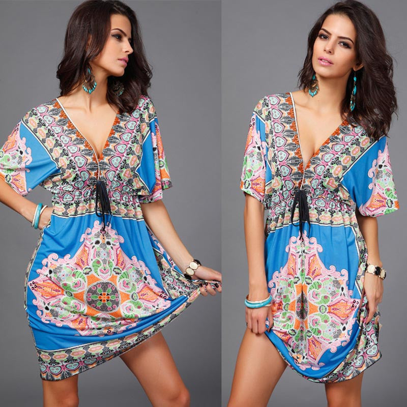 Online discount shop Australia - Boho Autumn Women Dress Sexy Loose Sundresses Deep V Ethnic Dashiki Print Tunic Beach Dresses Big Size 2XL Woman SunDress Robe