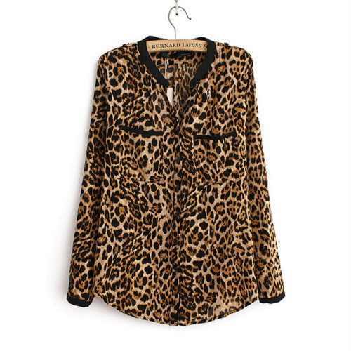 Online discount shop Australia - Leopard Print Chiffon Women Lady Sexy Long-sleeve Top Shirt Loose Plus Size V neck Leopard Blouse Clothing