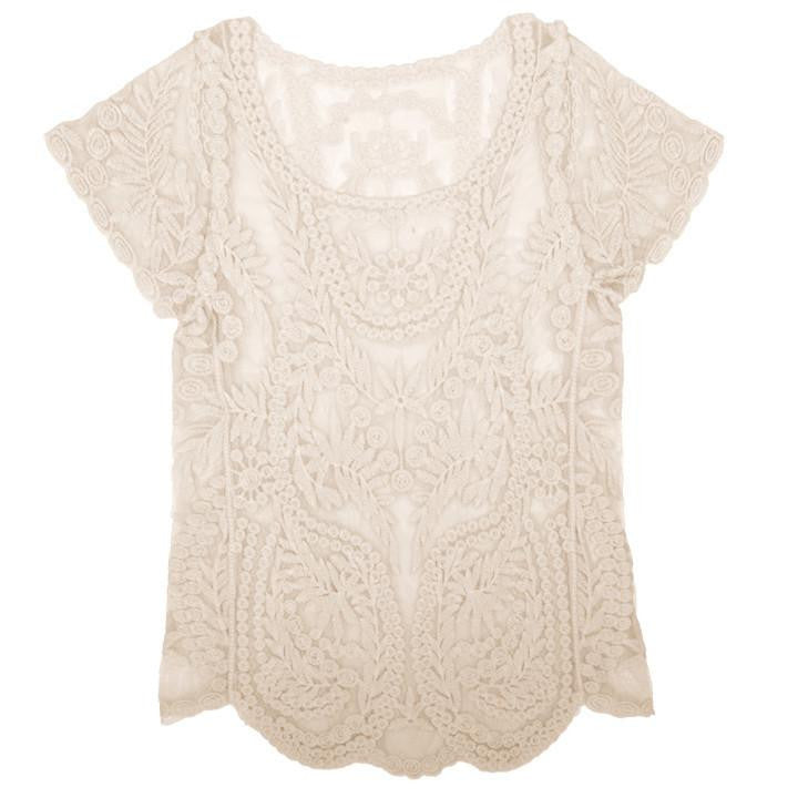 Women Blouses Hollow Out Casual Lace Shirt Floral Short Sleeve shirt Crochet Tops