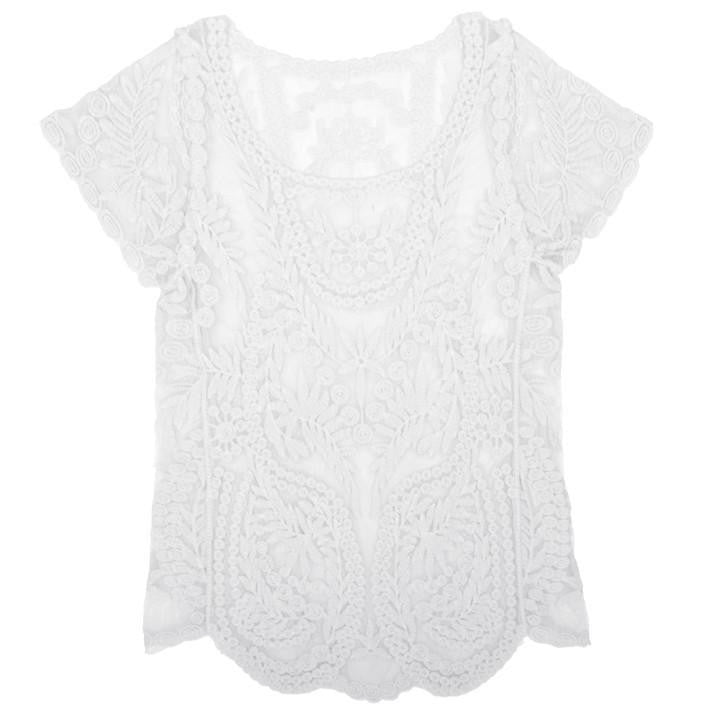Women Blouses Hollow Out Casual Lace Shirt Floral Short Sleeve shirt Crochet Tops